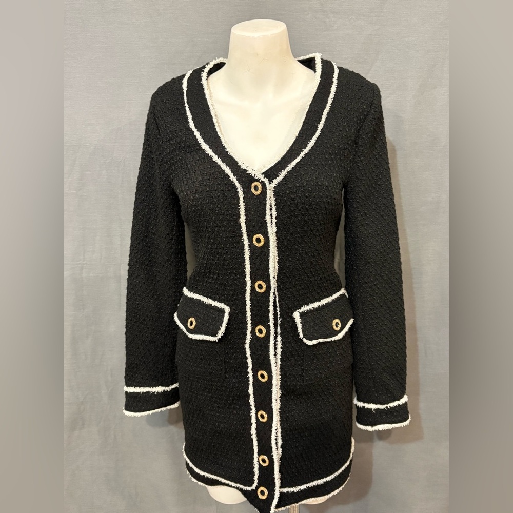 Black and White Women's Sweater with Button Detail